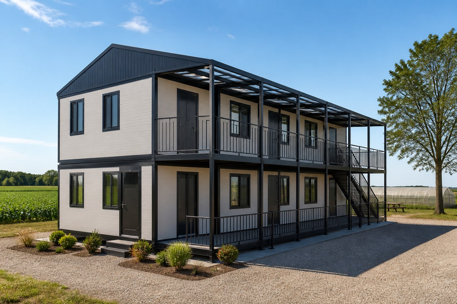 Hébergement modulaire à deux étages pour travailleurs saisonniers
