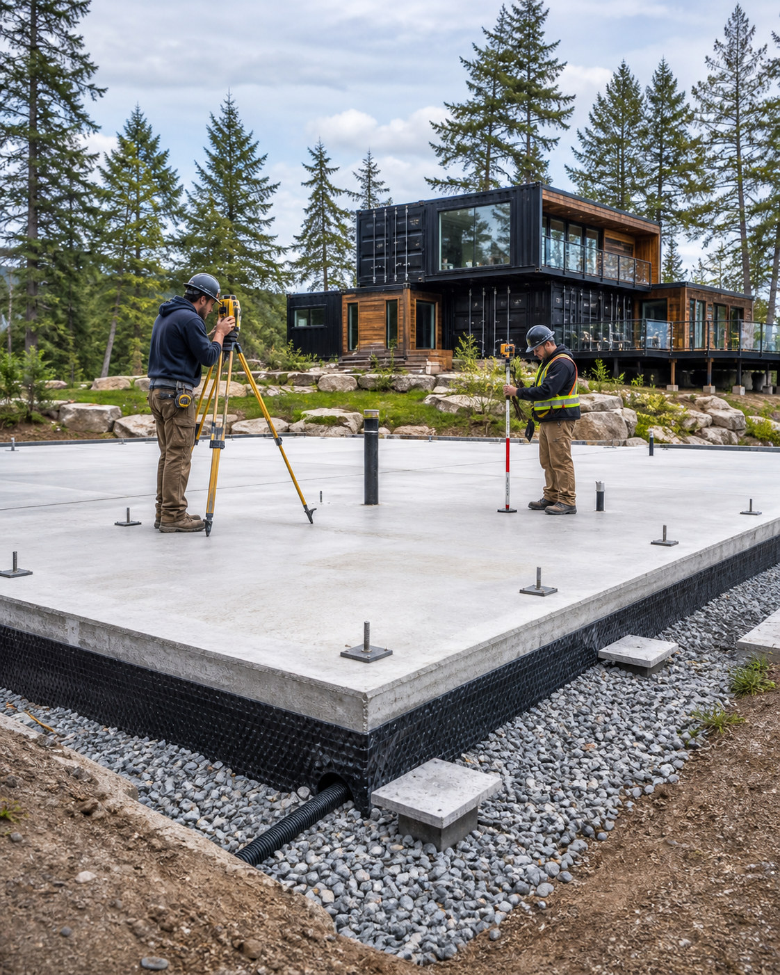 Site professionals verifying the level and alignment of an engineered concrete foundation for a modular home