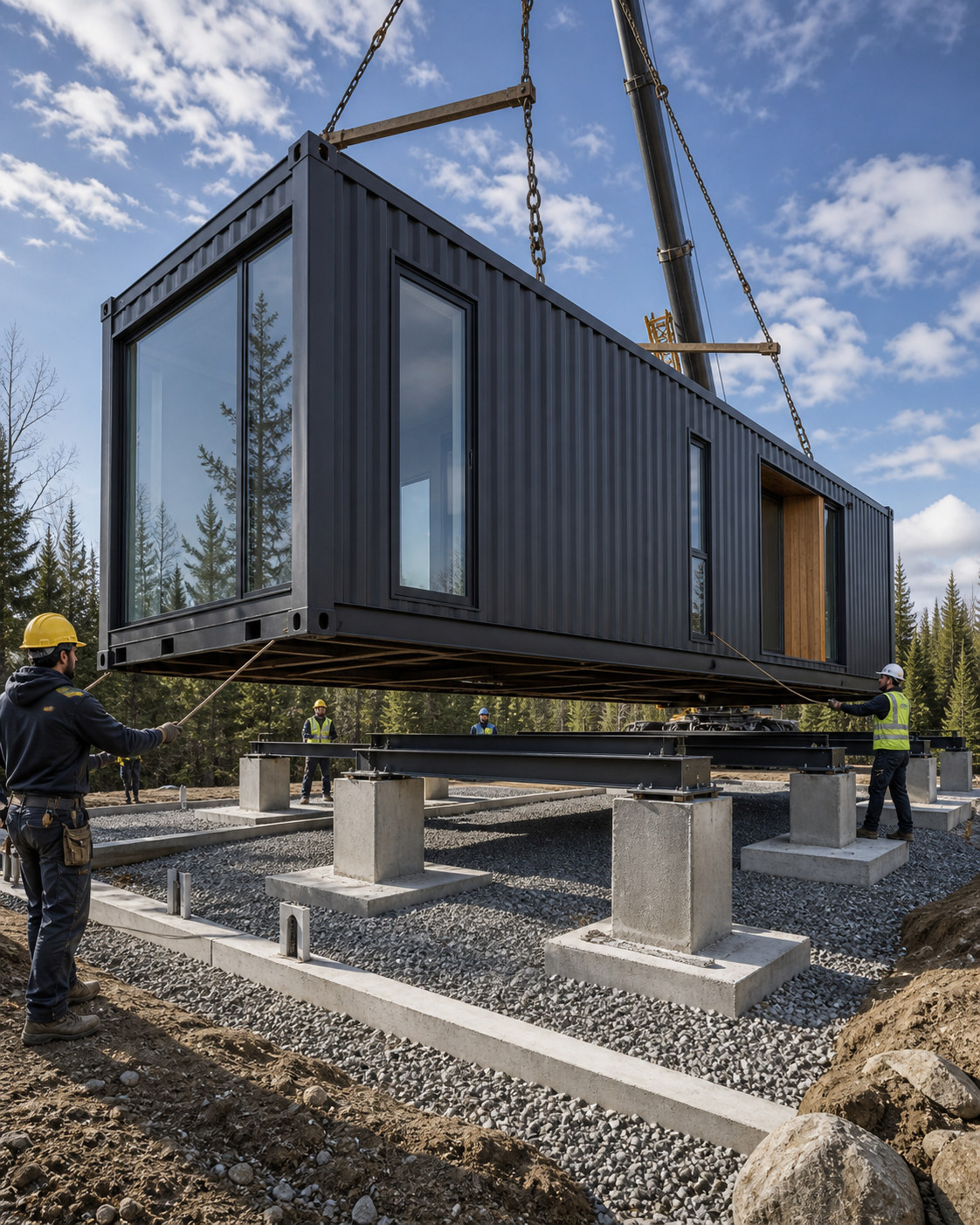 Modern modular container home being lowered onto engineered concrete piers and aligned for anchoring