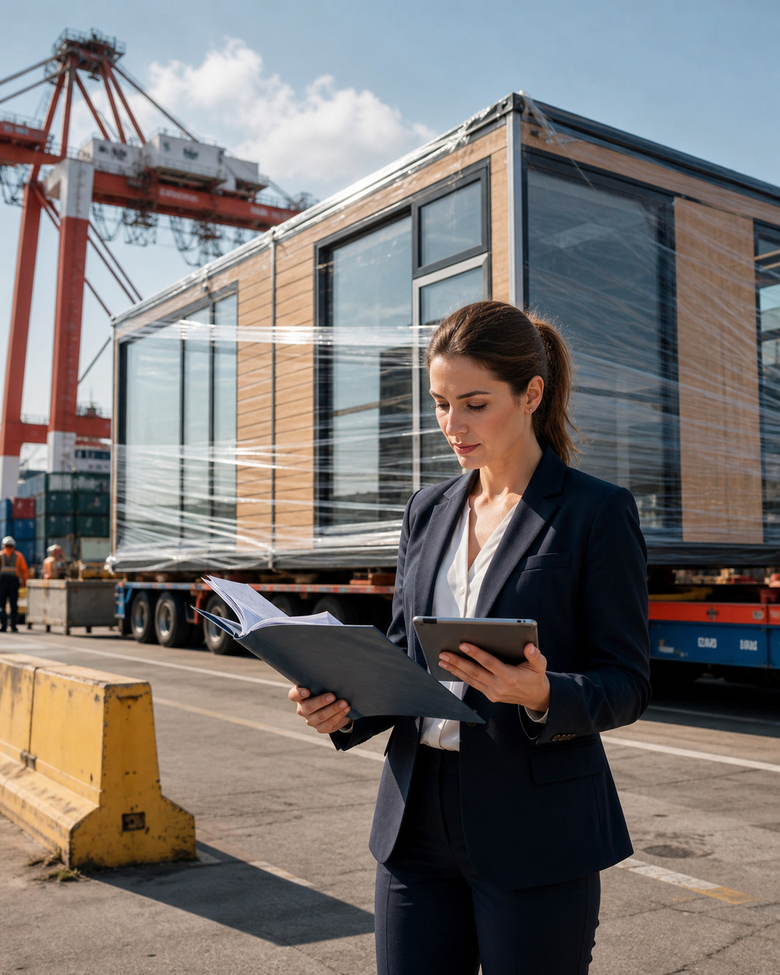 Customs-clearance specialist reviewing shipment documents beside a protected modular container home at a Canadian port