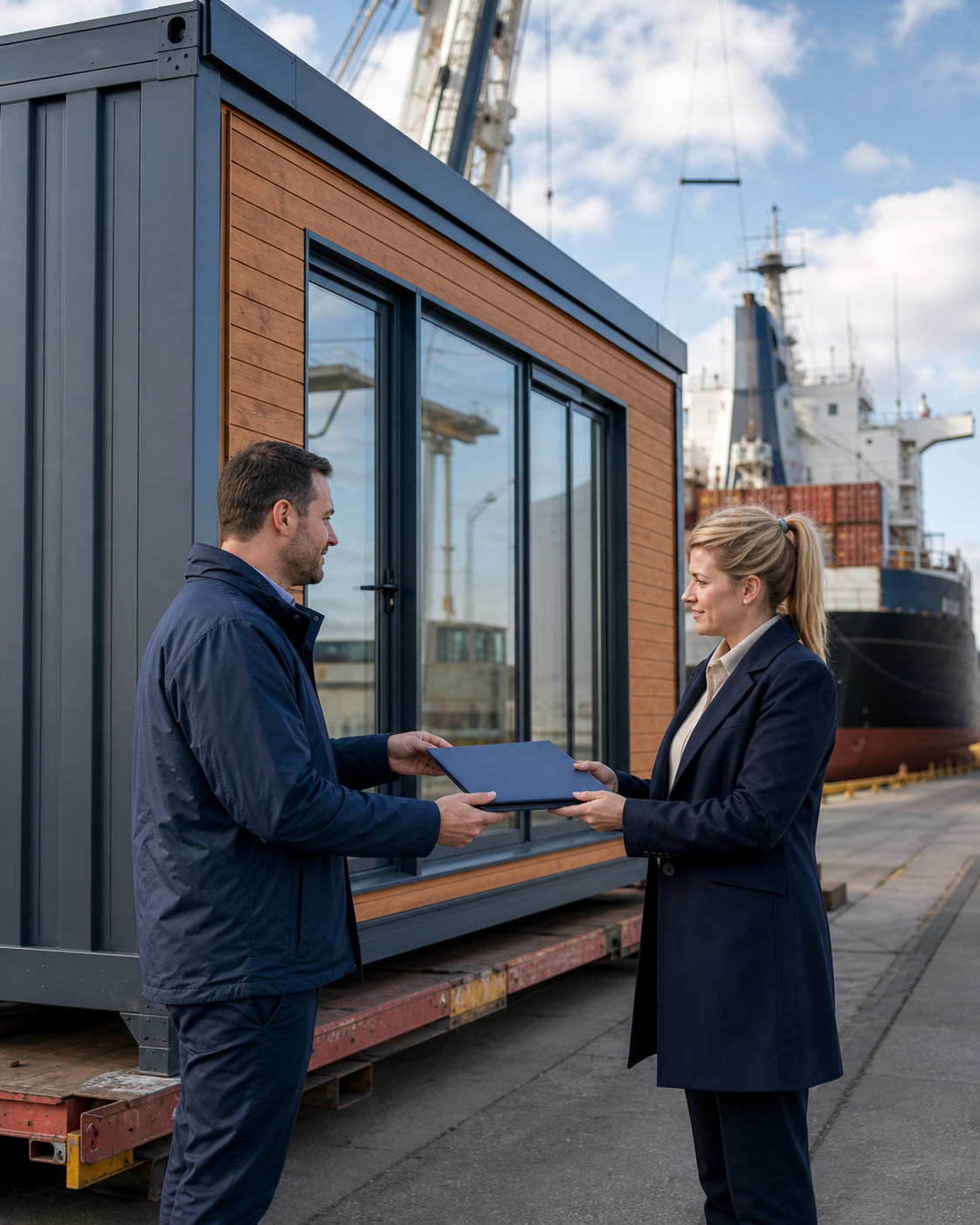 Logistics coordinator handing customs-release documents to a clearance specialist beside a modular container home at port