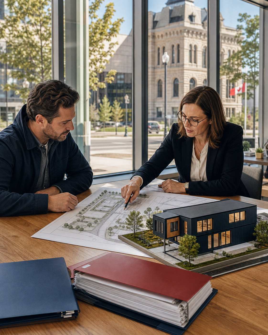 Homeowner and municipal planning professional reviewing a modular home site plan and scale model