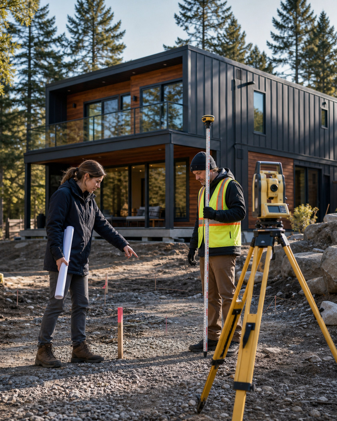 Surveyor and architect verifying property setbacks and placement for a modern modular home
