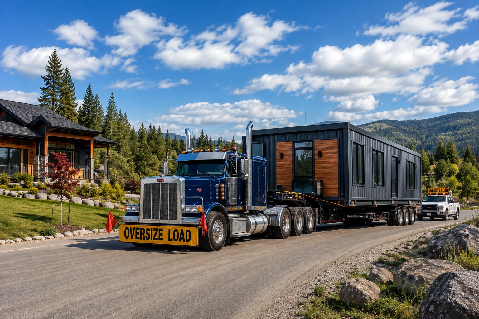 Oversized-load truck transporting a modular container home to a prepared property