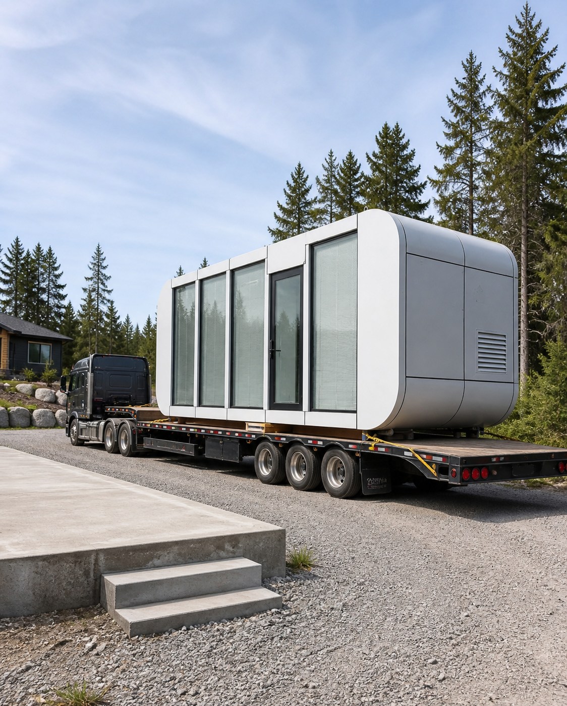 CHC Apple Cabin secured on a carrier flatbed after arriving at a prepared Canadian property