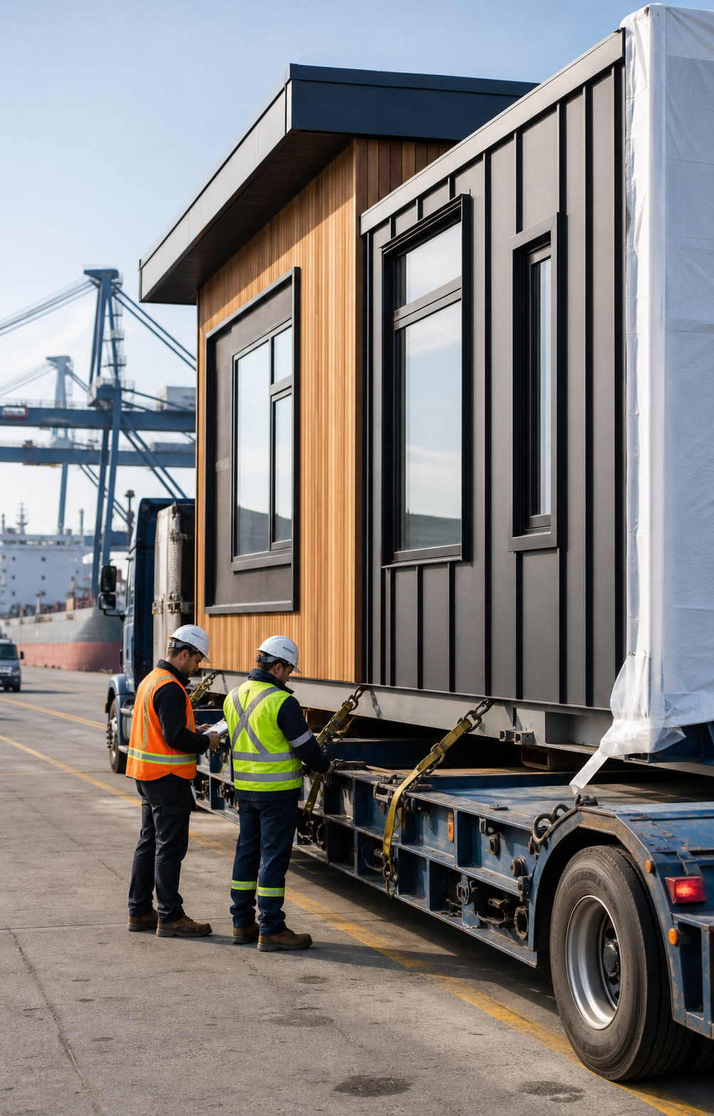 Transport professionals inspecting a modular home secured for road and port logistics