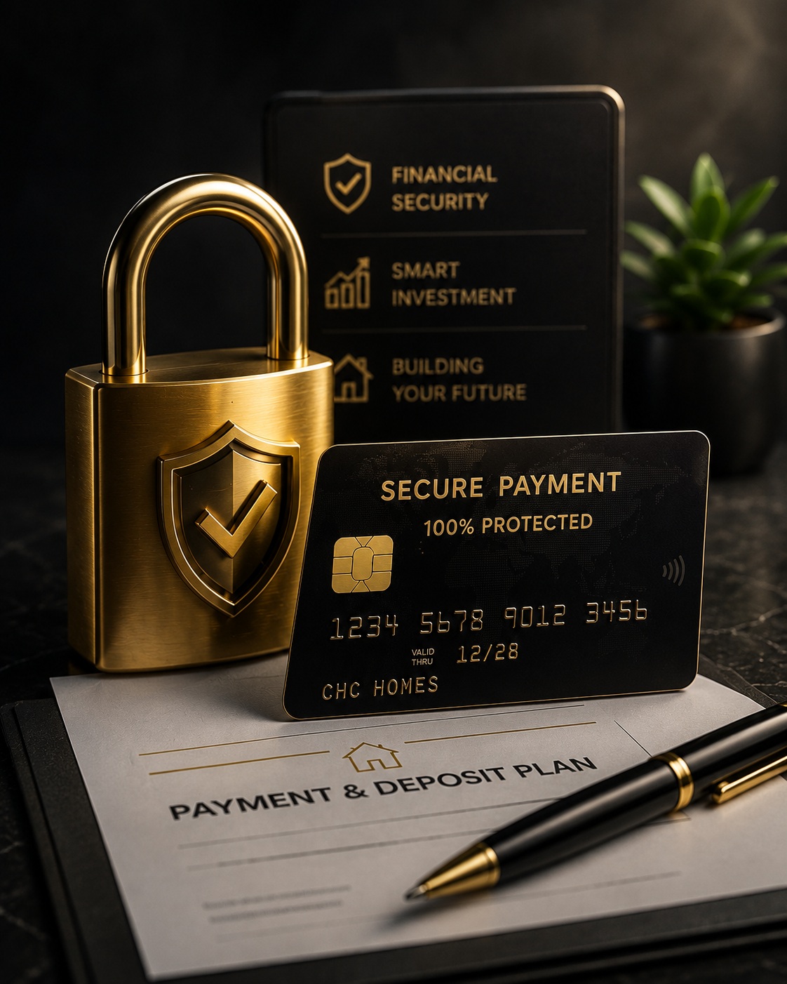 Premium secure payment card, gold padlock, and payment and deposit plan documents