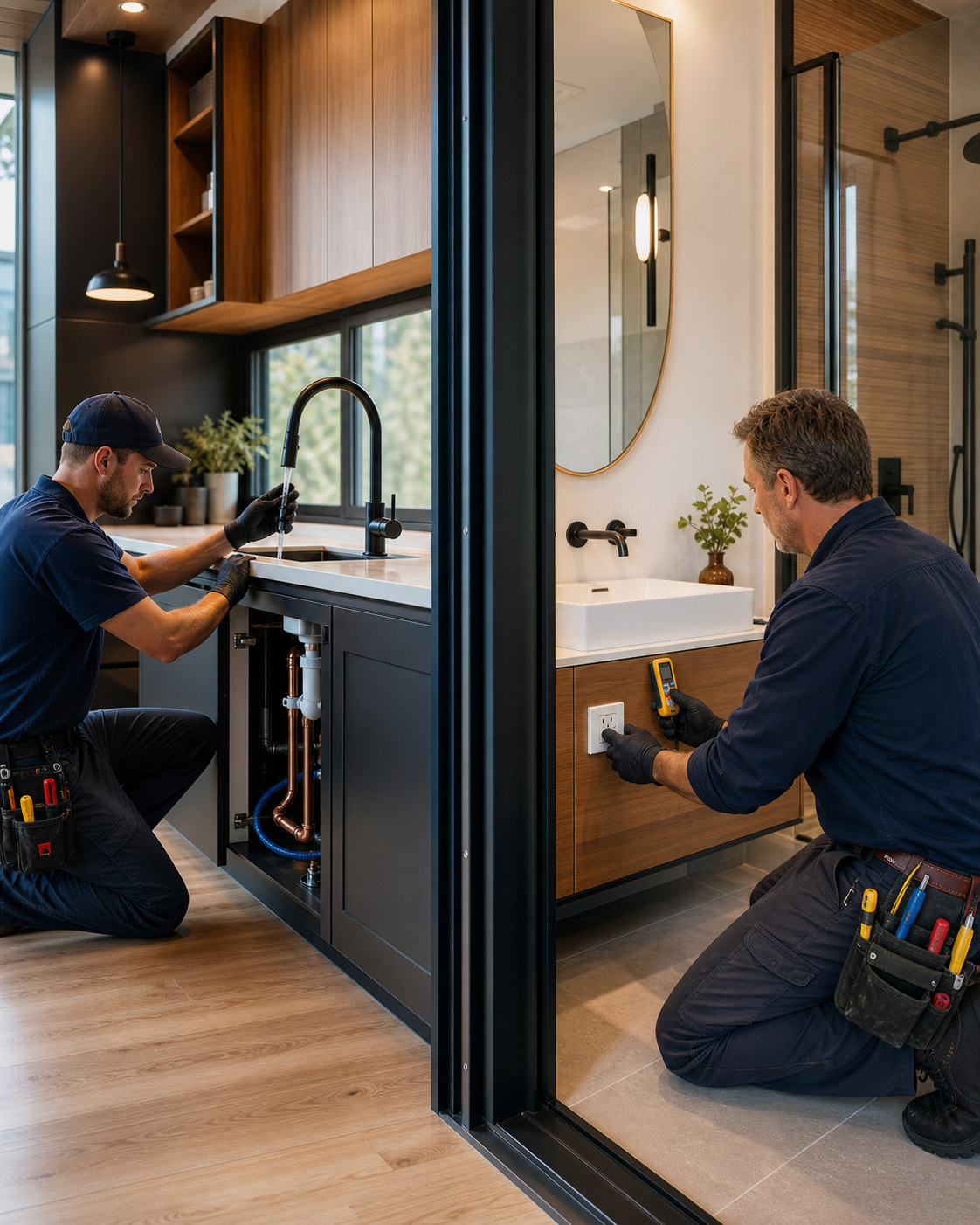 Plumber and electrician testing finished kitchen and bathroom connections inside a modern modular home