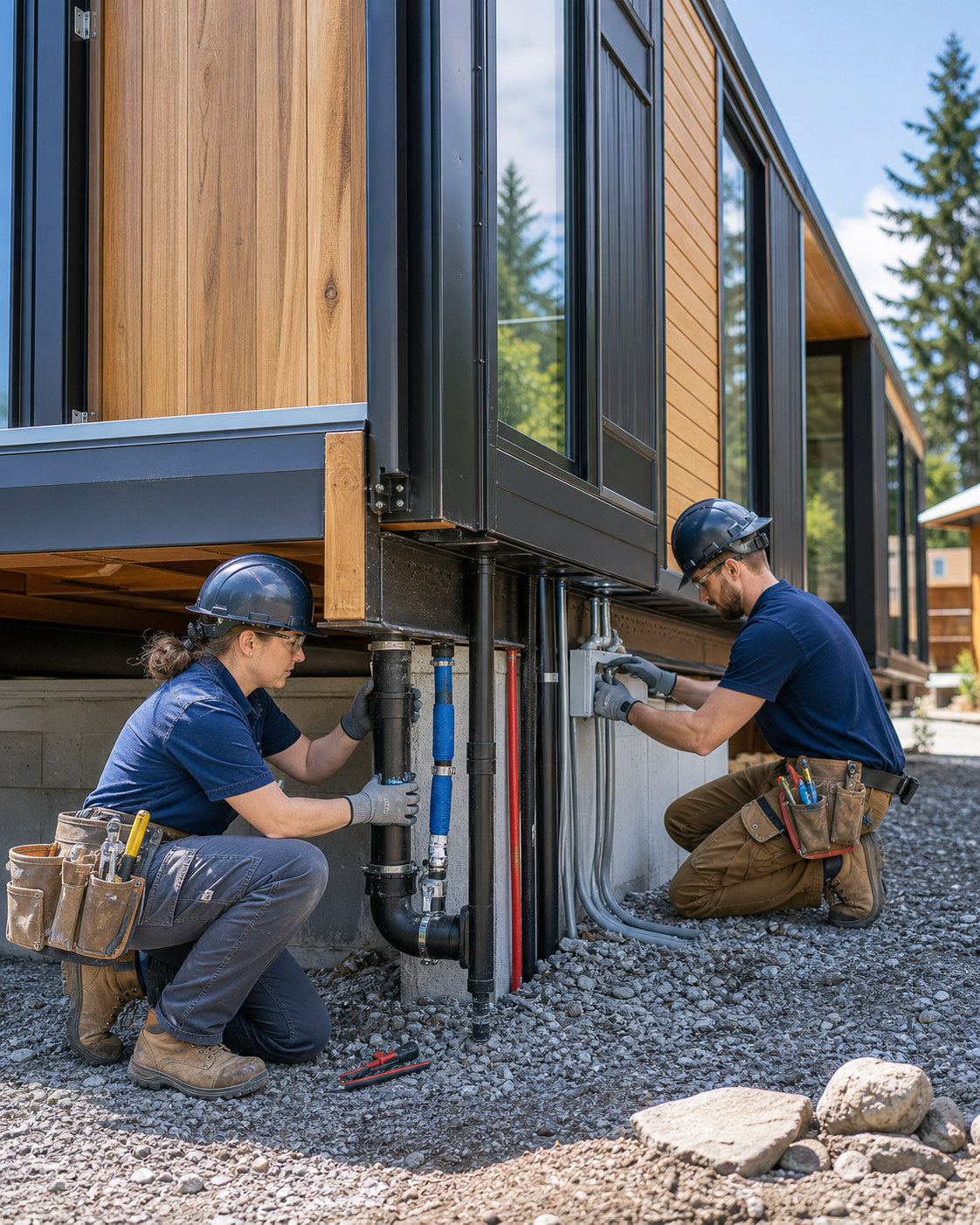Plumber and electrician connecting protected water, drainage, and electrical services beneath a modular home