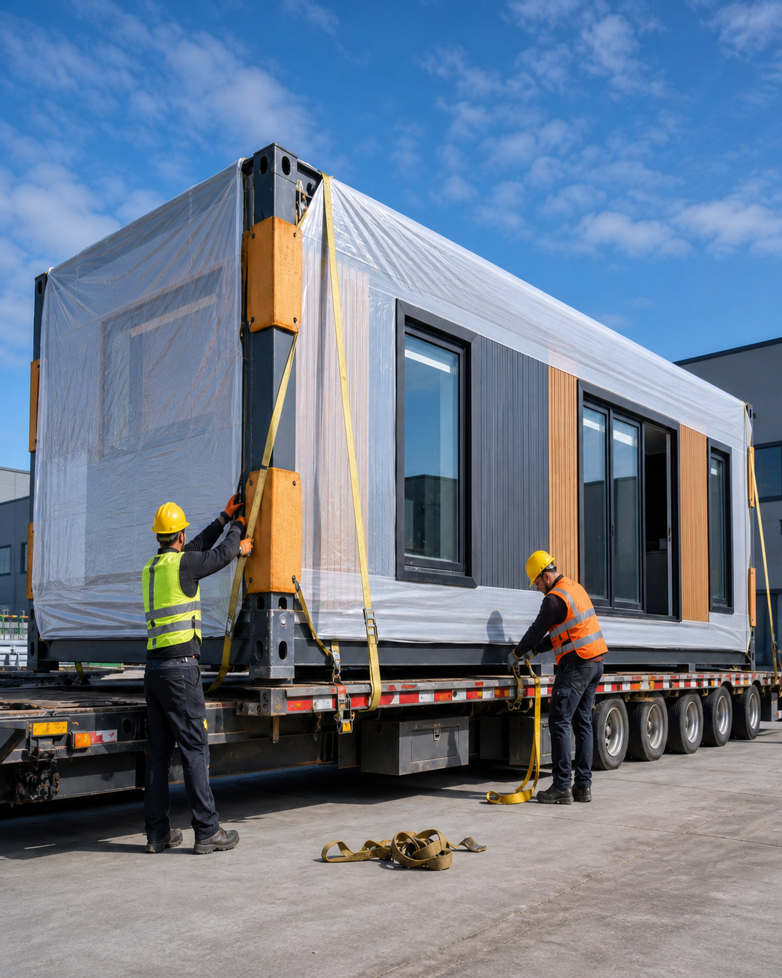 Workers securing a protected modular container home on a heavy-haul trailer for transport