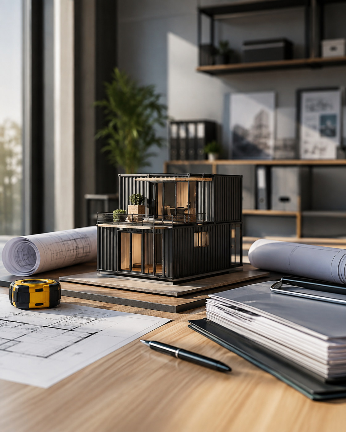Architectural model of a two-storey container house on a desk with plans and measuring tools