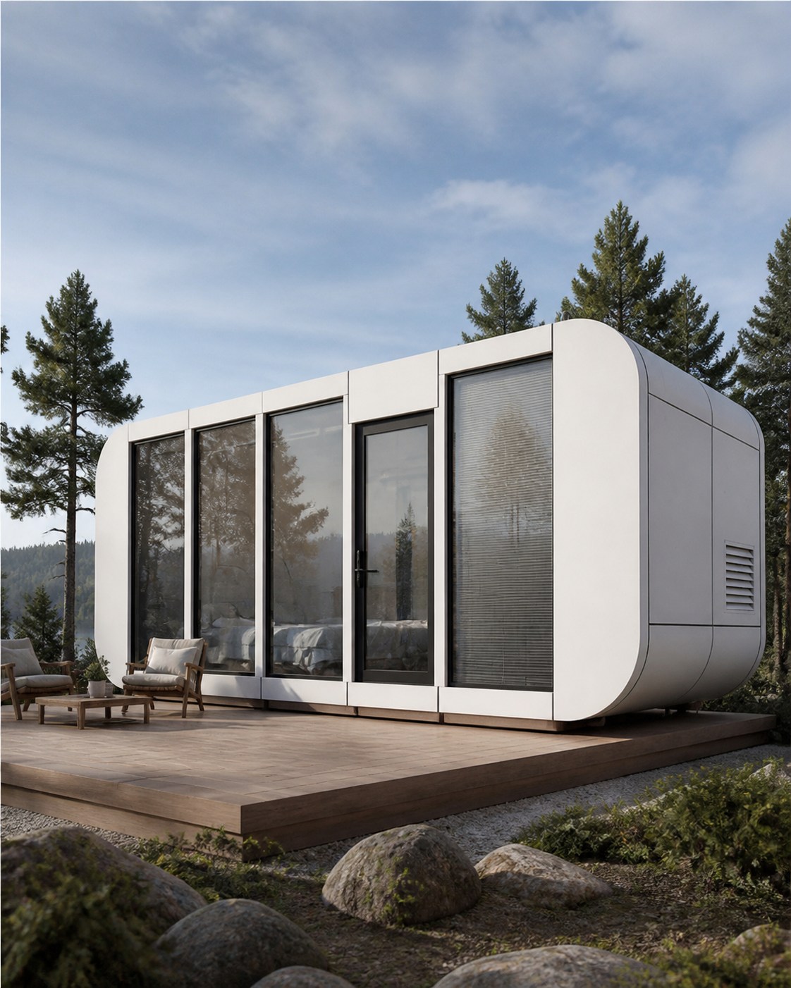 CHC Apple Cabin with rounded white exterior shell and full-height panoramic glazing on a Canadian property