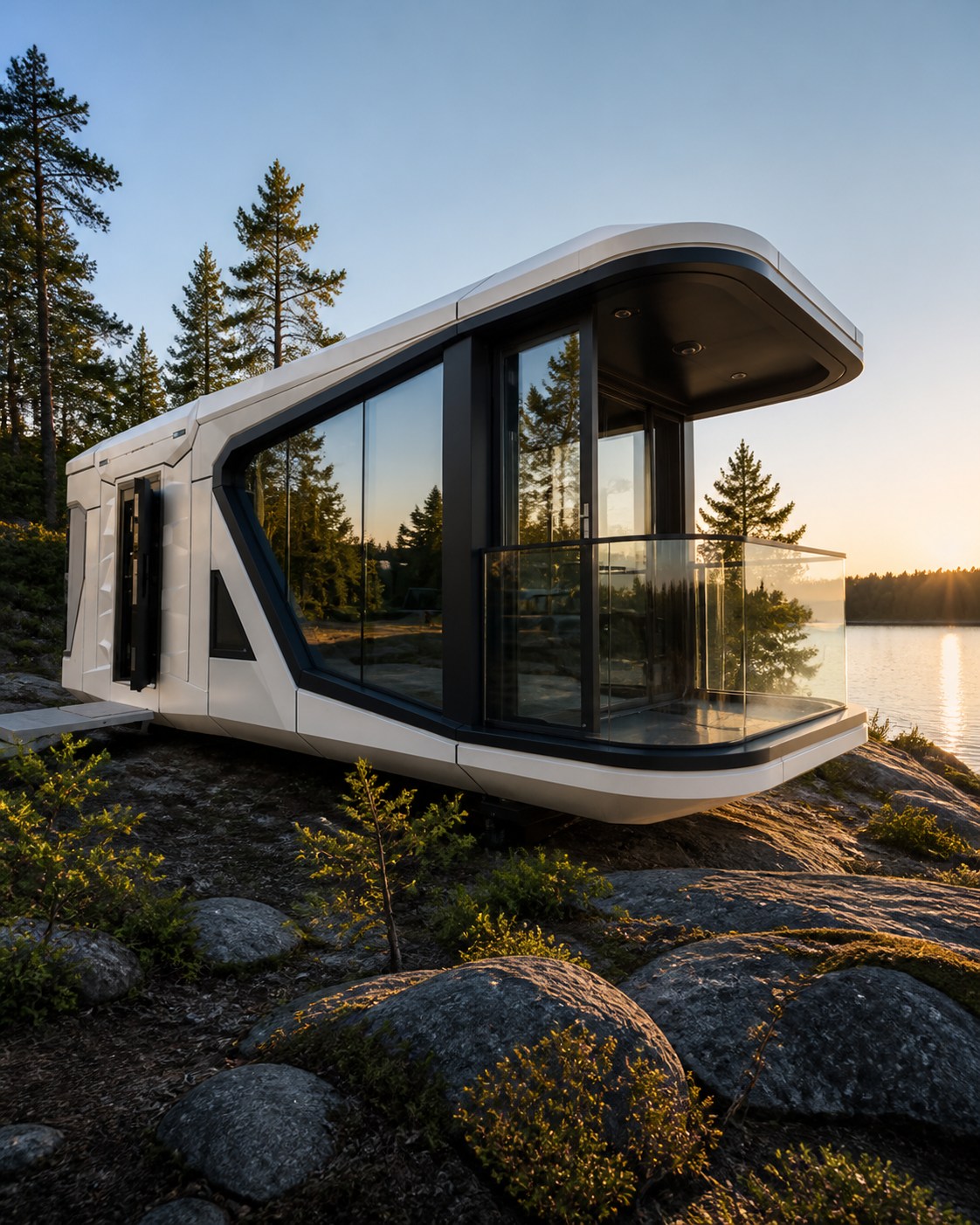 CHC Space Capsule with panoramic glazing and curved glass balcony in a Canadian lakeside setting