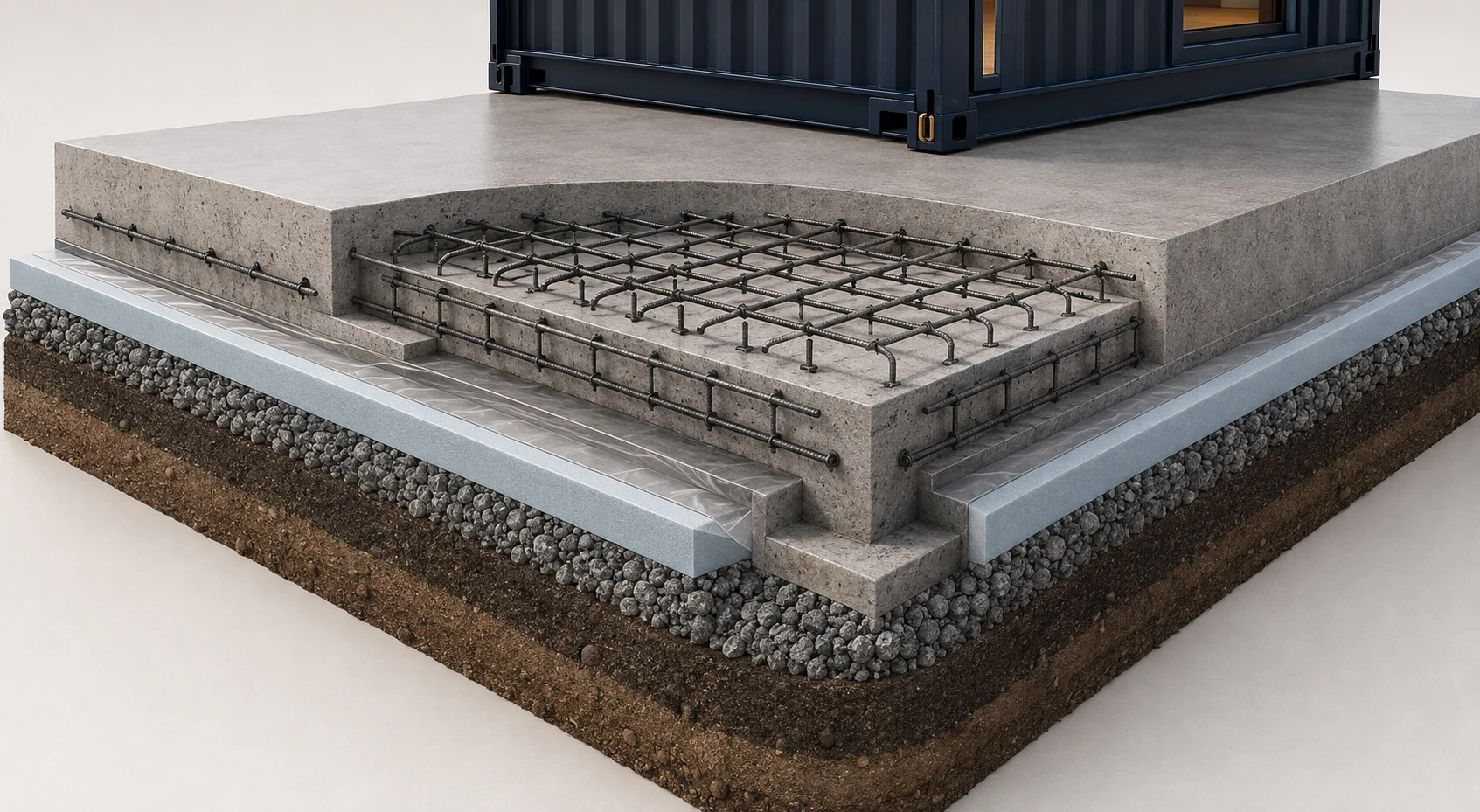 Coupe architecturale haut de gamme d’une dalle de béton armé sous une maison conteneur modulaire